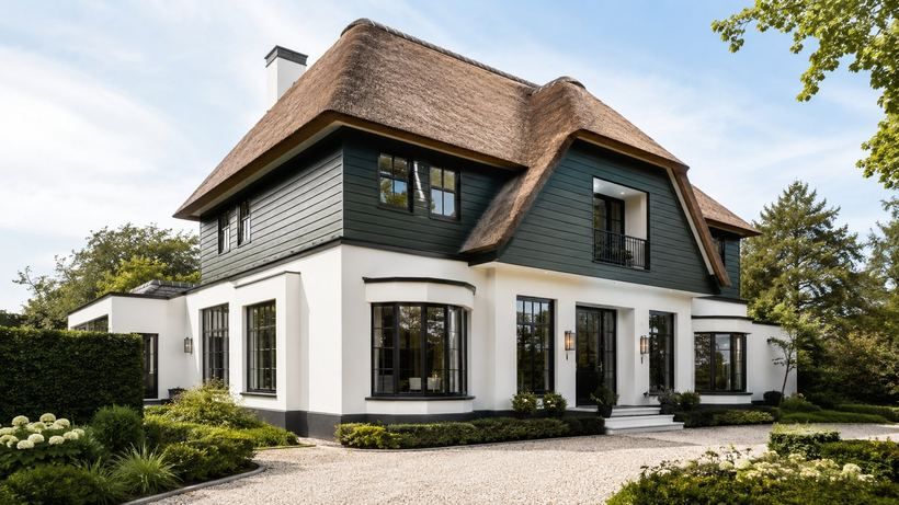 Gevel met groene aanslag en dakpannen met mos vóór onderhoud
